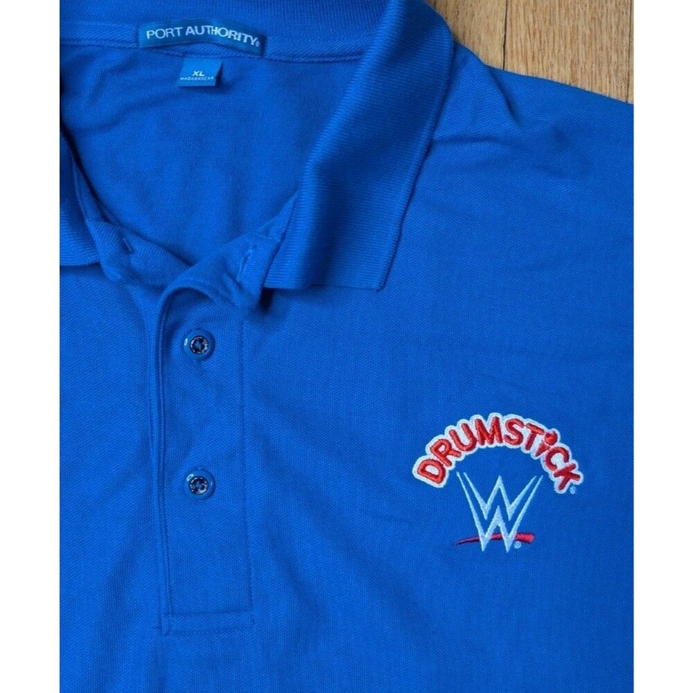 WWE Wrestling Company Brand Logo Drumstick Polo Shirt Mens XL Blue Promo RARE